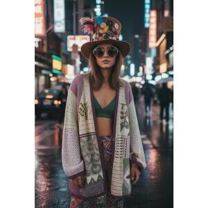 Vintage Storybook Knits Geometric Patchwork Cardigan Sweater XL Cottagecore